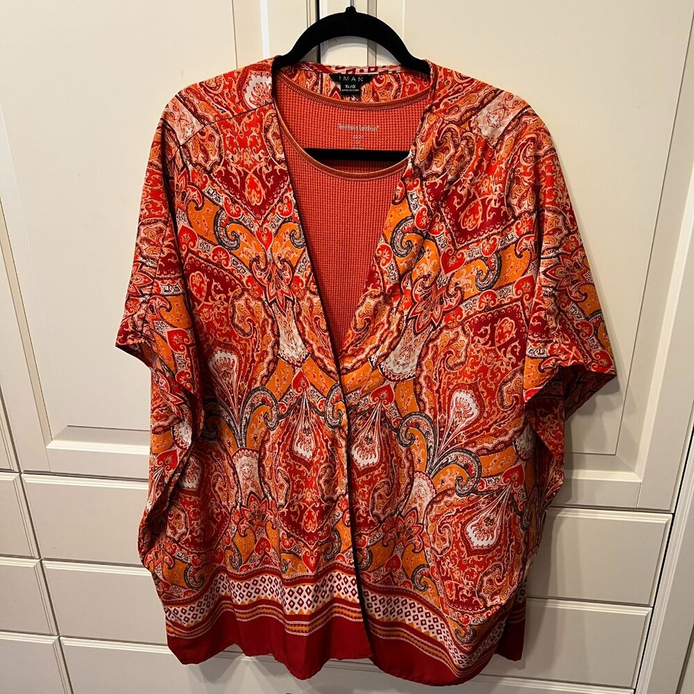 IMAN GLOBAL CHIC 2 pc Luxury Resort Burnt Orange/Rust Paisley-Print Kimono (1X)
